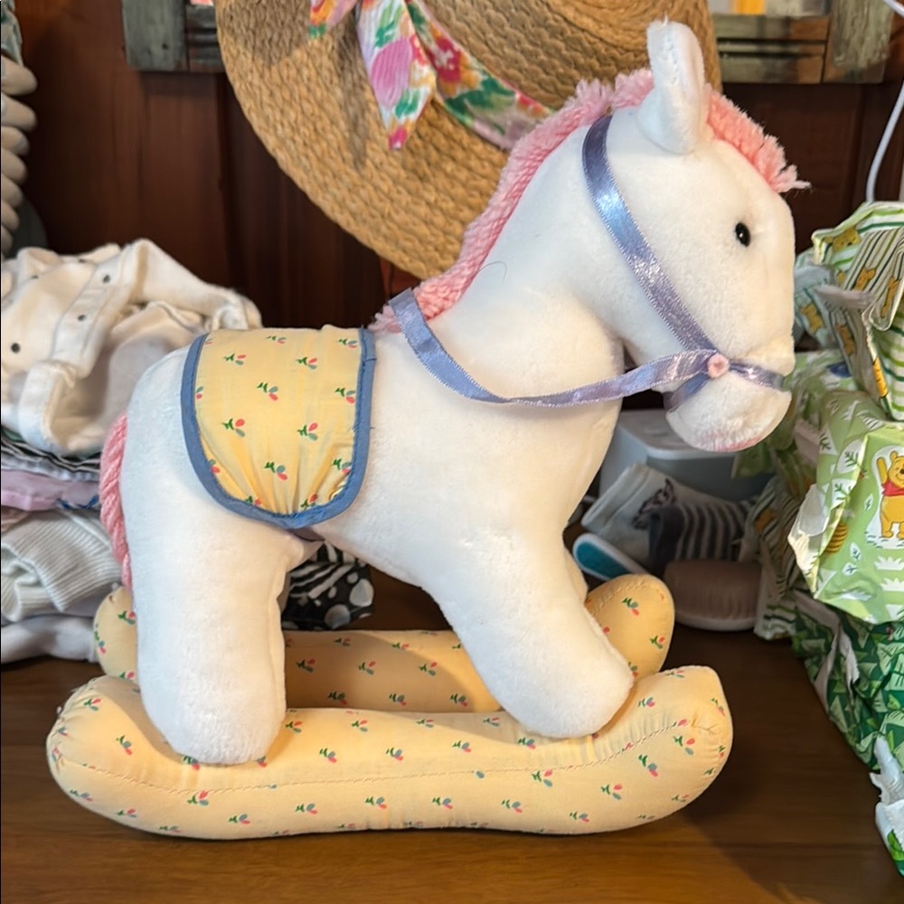 Vintage Dakin Plush Rocking Horse Toy - White and Pink